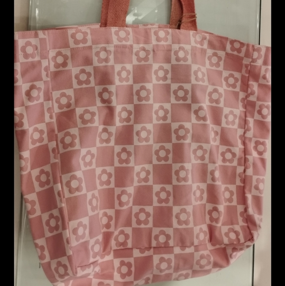 Pink Floral Checkered Tote Bag